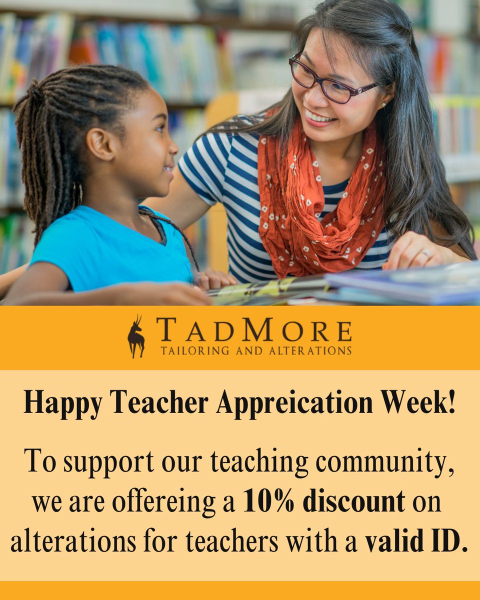 more_tad's tweet image. High marks for our teachers! ⭐

Teacher Appreciation Week starts tomorrow! 

Swing by sometime this week and let us help you get that perfect fit! 🧵✨

hubs.ly/Q04dYBNb0

#Teachers #TeacherDiscount #TadMoreTailoring  #OakbrookIL #RockfordIL  #TailoringServices