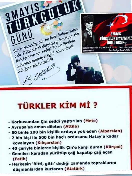3 MAYIS TÜRKÇÜLÜK GÜNÜ KUTLU OLSUN ...🇹🇷🇹🇷🇹🇷🇹🇷🇹🇷
" NE MUTLU TÜRK'ÜM DİYENE "