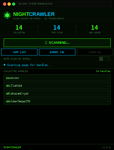 theveinghost's tweet photo. Here's what it looks like in action 👇

① Fresh install — ready to go
② Scanning your Axiom feed
③ Auto-scan ON while you scroll
④ 127 handles exported, clean CSV

Takes 60 seconds to set up. https://t.co/Vjtn8FZvYV