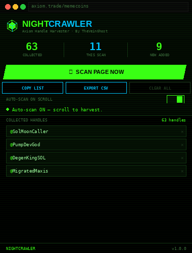 theveinghost's tweet photo. Here's what it looks like in action 👇

① Fresh install — ready to go
② Scanning your Axiom feed
③ Auto-scan ON while you scroll
④ 127 handles exported, clean CSV

Takes 60 seconds to set up. https://t.co/Vjtn8FZvYV