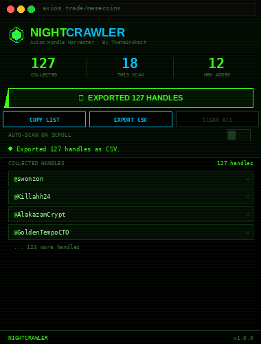 theveinghost's tweet photo. Here's what it looks like in action 👇

① Fresh install — ready to go
② Scanning your Axiom feed
③ Auto-scan ON while you scroll
④ 127 handles exported, clean CSV

Takes 60 seconds to set up. https://t.co/Vjtn8FZvYV