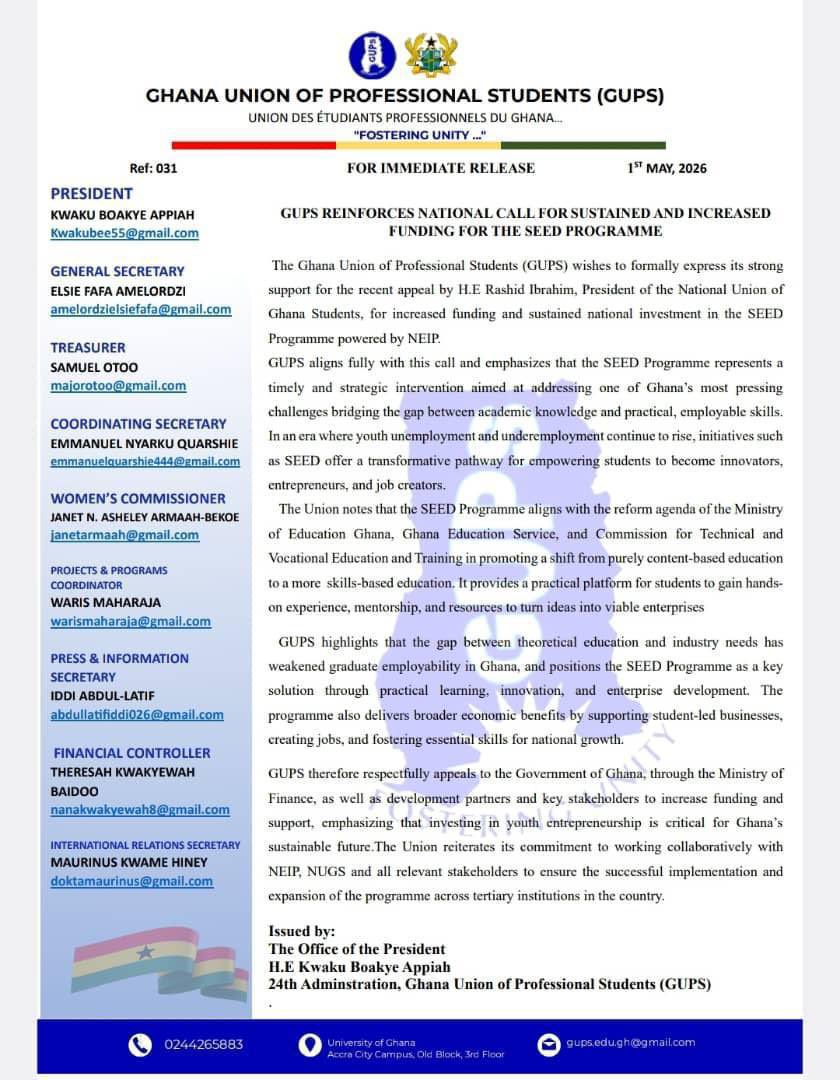 The_waalaboy's tweet photo. Ghana Union of Professional Students reinforces National call for sustained and increased funding for the SEED program.
#SEEDPROGRAMME https://t.co/isaWDQy6c2