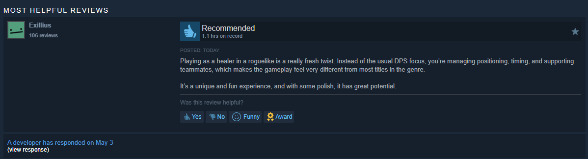 TheNoviceLive's tweet photo. My first positive review!
I am so happy that people play my game.
Currently working on it everyday to make it better before next fest!

Play the demo here:
https://t.co/GcR2UBq9gb

Wishlist and review!
Thanks

#steam #healer #indiegame #demo https://t.co/7ddwZ9Wv15