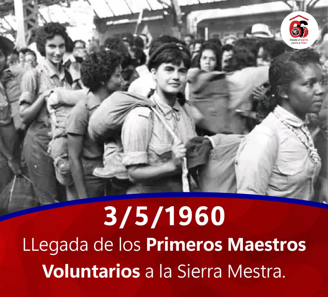 El 3 de mayo de 1960 las montañas cubanas se vistieron de libros, lápices y libretas que traían en sus manos con entusiasmo los primeros maestros voluntarios que llegaban a diferentes zonas apartadas de la Sierra Maestra.

#CDRCuba #Cuba #CubaViveEnSuHistoria