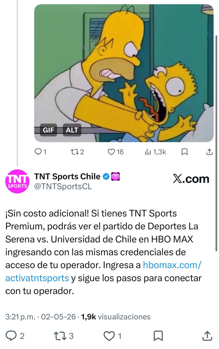 “HBO Max”

Por la respuesta de TNT Sports Chile a un post en X sobre la difusión del partido de la Universidad de Chile vs Deportes la Serena, que en lugar de emitirse por la cadena deportiva se emitió por sorpresa de los televidentes en la plataforma de streaming HBO Max