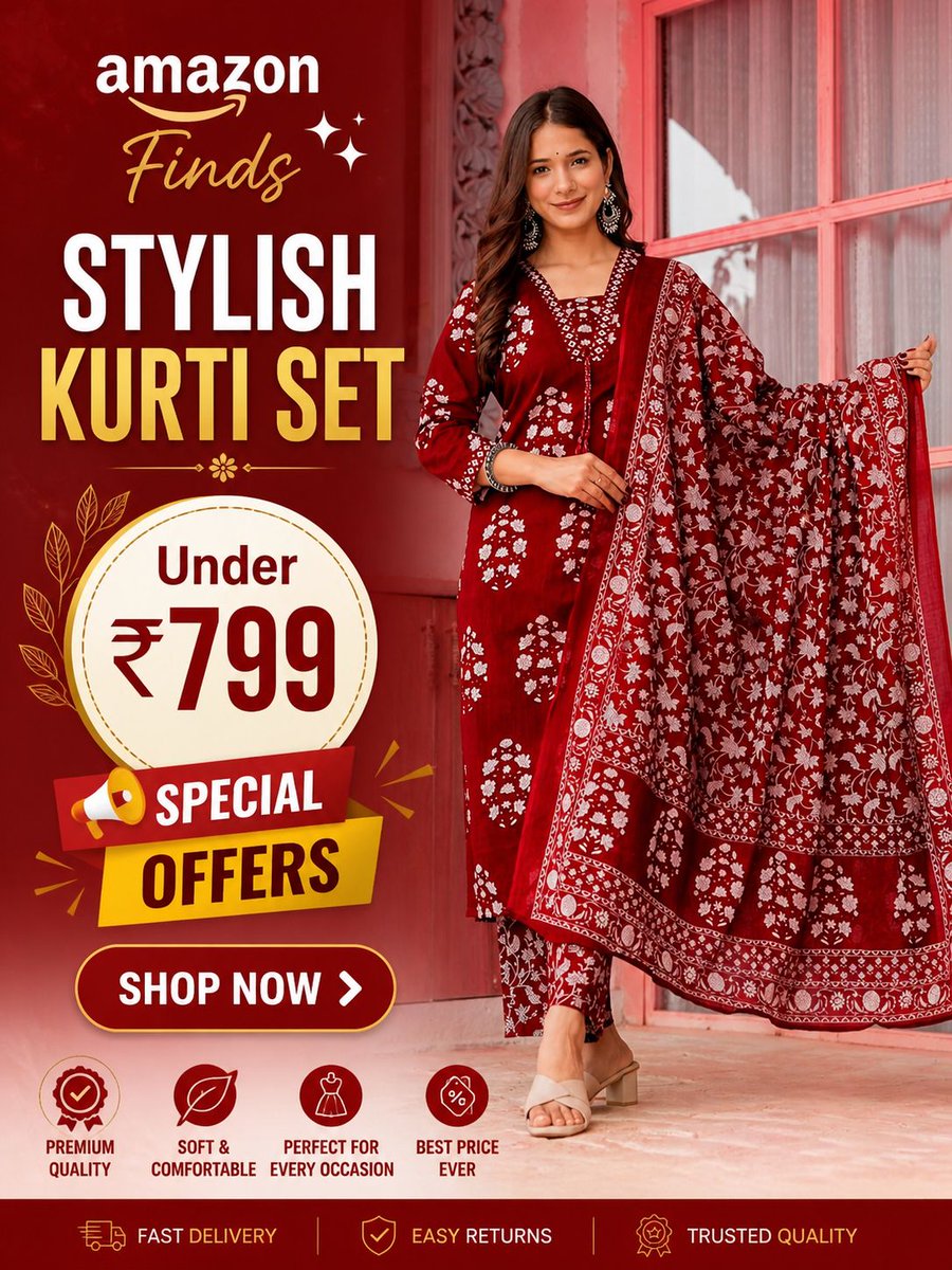 VelouraStyle's tweet image. Stylish kurti set under ₹799 😍💜
Looks premium, feels comfy &amp;amp; super affordable!

🔥 Special offers live

🛍️ Shop now: amzn.to/4te7YGr

More Deals Join Telegram: amzn.to/49nD1s4

#AmazonFinds #BudgetFashion #Under799 #EthnicWear