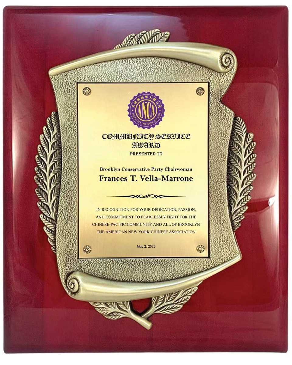 BKConservatives's tweet image. Chairwoman Frances Vella-Marrone honored by American New York Chinese Association at 9th Annual Gala May 2, 2026. Brooklyn Conservative Party Exec Secretary Chung Dick on hand. Presented by Ray Huang, a Director of the Association. #Brooklyn #Conservative #chineseamerican #nyc
