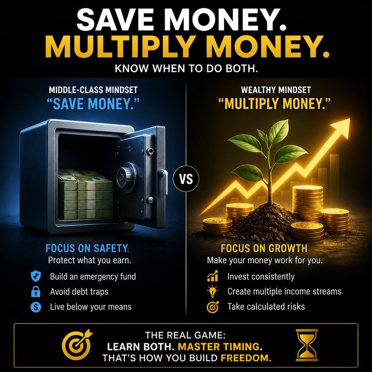 Ashish12704's tweet image. Middle-class mindset saves money for security.
Wealthy mindset multiplies money for freedom.
Smart mindset builds both.

One keeps you safe.
The other sets you free.

#MoneyMindset #WealthCreation #FinancialFreedom #SuccessHabits