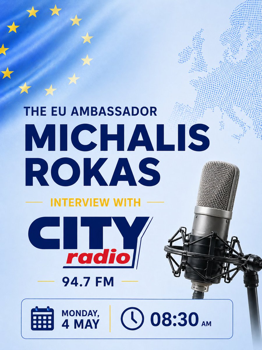 AmbassadorEU's tweet photo. Tune in City Radio tomorrow, and listen to the morning interview with 🇪🇺 Ambassador Rokas on the occasion of #EuropeDay https://t.co/4AeGMdLgp7