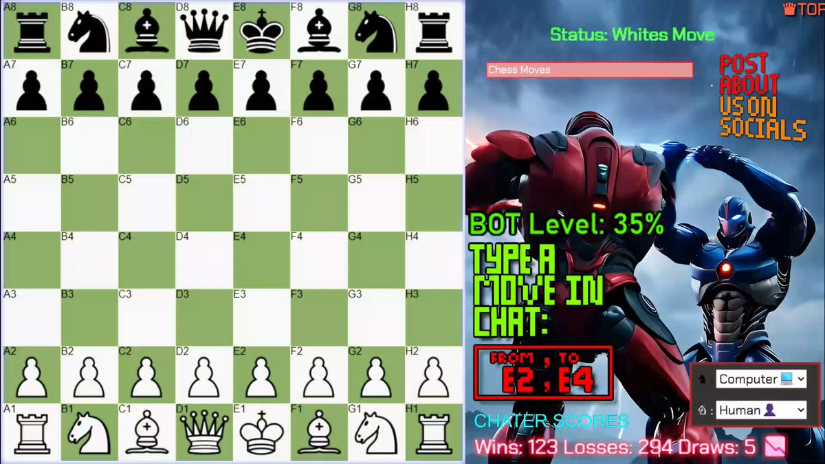 GameHandsDotNet's tweet image. ♟️Play #chess LIVE on #twitch and #youtube by typing moves in chat.
♟️ twitch.tv/gamehandsdotnet
♟️ youtube.com/@GameHandsDotN…
🌏📡🛰️📱💻
