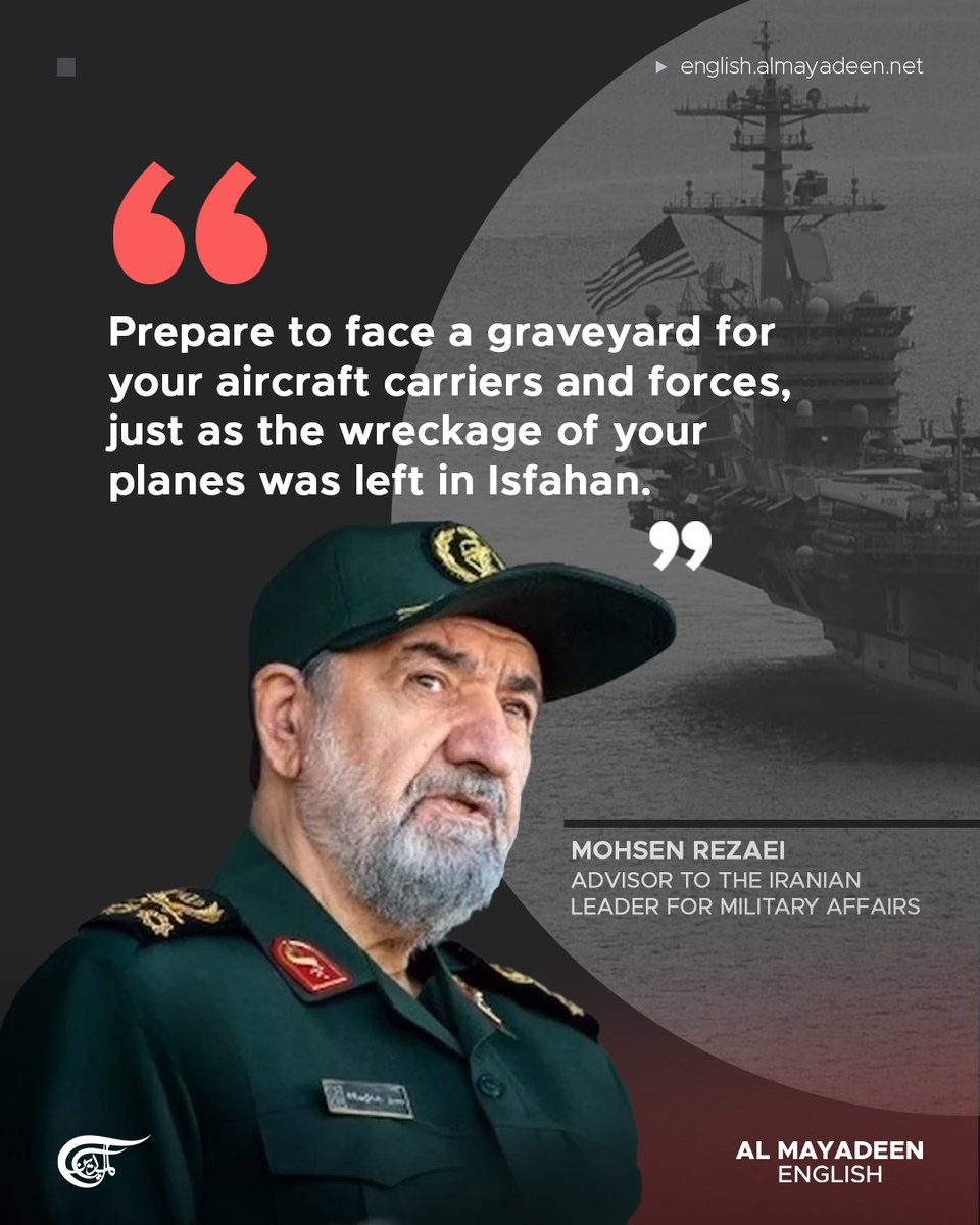 MayadeenEnglish's tweet image. The Advisor to the Iranian Leader for Military Affairs, Mohsen Rezaei, said that the #US is the only pirate in the world that possesses aircraft carriers, adding that Iran's ability to confront pirates is no less than its ability to sink warships.

Addressing the US, he said,