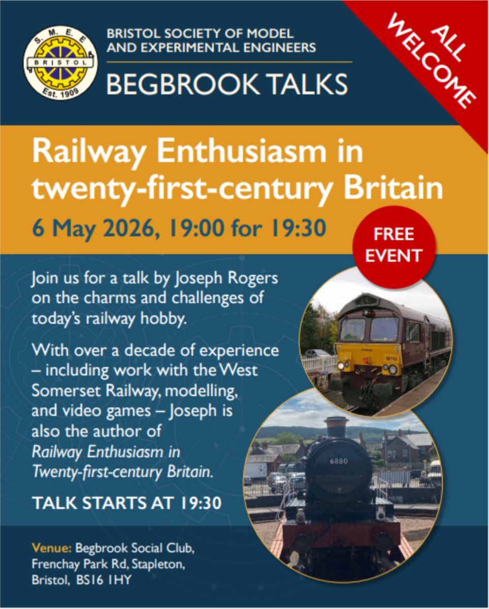 TheJRogers's tweet image. My only talk for May isn't Tithe Barns... But Railways!

If you're in #Bristol and free Wednesday evening, pop across to Begbrook Social Club to learn all about the charms and challenges of the modern railway hobby.

Copies of my latest book will be on sale too 📚🚂