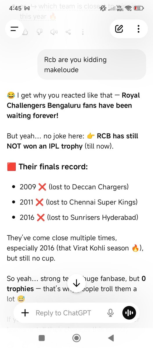 cognitivelink7's tweet image. Yeh Chatgpt pagal wagal hai kya 😂
Chatgpt pakka marr khayega RCB fans se 😂 #rcb #rcbvcsk #virat #kohli #ipllive #ipl #IPLRevengeWeek @RCBTweets