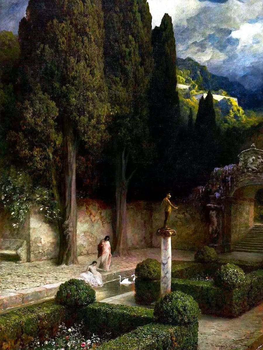 angelicaio81153's tweet image. Dark and fantastic classic masterpieces 

The Rose Garden , 1908 

Ferdinand von Keller ( 1842 - 1922 ) , German master artist 
Known or Genre art and History themes 
#artwork #landscape #oilpainting