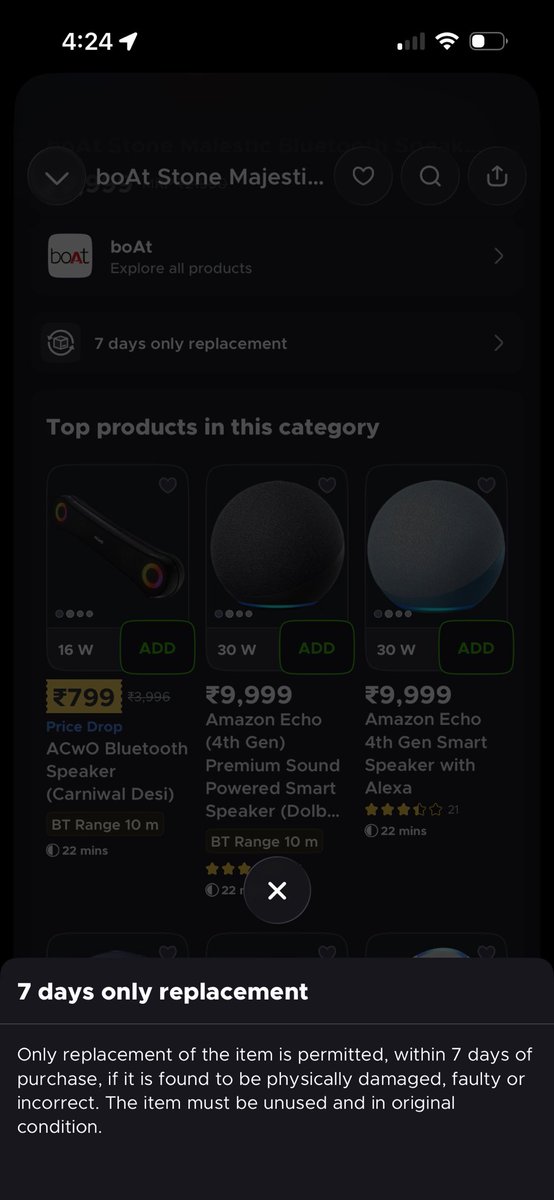 voldomomo's tweet photo. @blinkitcares Writing 7 day replacement and not replacing.

@letsblinkit @RockWithboAt  @jagograhakjago 

It’s a joke. https://t.co/vufJihe9sj