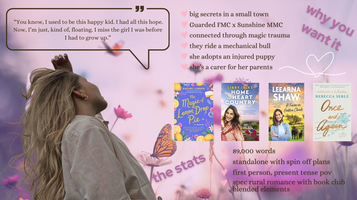 dani_s_writes's tweet image. Agent's guide ✨

Burnt out teacher Cal accepts a 6-month special education contract 400km away from the pressures of her old life after almost killing a man with her telekinesis.
There, she finds friendship, heartbreak, love, and hope.

#amquerying #agentsguide #agentguide