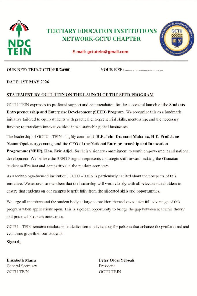 gctutein's tweet photo. 🔴⚪🟢 *GCTU TEIN* *COMMENDS THE LAUNCH* *OF THE SEED PROGRAM* 

We say Ayekoo to the CEO of the National Entrepreneurship and Innovation Programme (NEIP), Hon. Eric Adjei, and the leadership of H.E. John Dramani Mahama on this.  Nyame nhyira nkwaa https://t.co/gFbmMR30ob