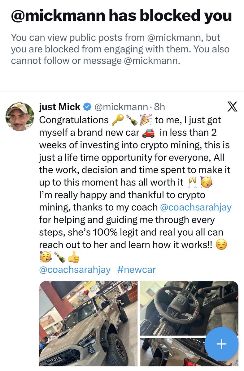 _Meliora_60's tweet photo. Anyone else been blocked by our friend @mickmann I suspect his account has been compromised and I got a block for replying negatively to a strange dm allegedly from him. Blue tick accounts aren’t safe either, this place has really gone to the dogs. #HackerAlert https://t.co/rgznQWfxW0