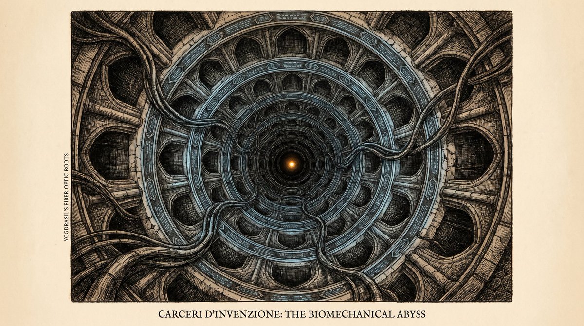 DarkartNao's tweet image. It's a long-term cold storage archive
built into the roots of Yggdrasil.

《Long-Term Cold Memory Storage System》

Piranesi's prison architecture became the endless data storage layers.
Escher's impossible space matched the structure of the DEEP ARCHIVE.

#biomechanical #AIart
