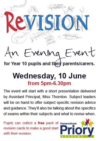 PriorySTC's tweet photo. Year 10 Revision Event - 10 June

This event will support pupils as they prepare for their mock exams and next summer’s final GCSEs, offering practical advice, subject-specific guidance and resources to help them succeed.  

We strongly encourage Year 10 families to attend. https://t.co/dH9vaXwOz6