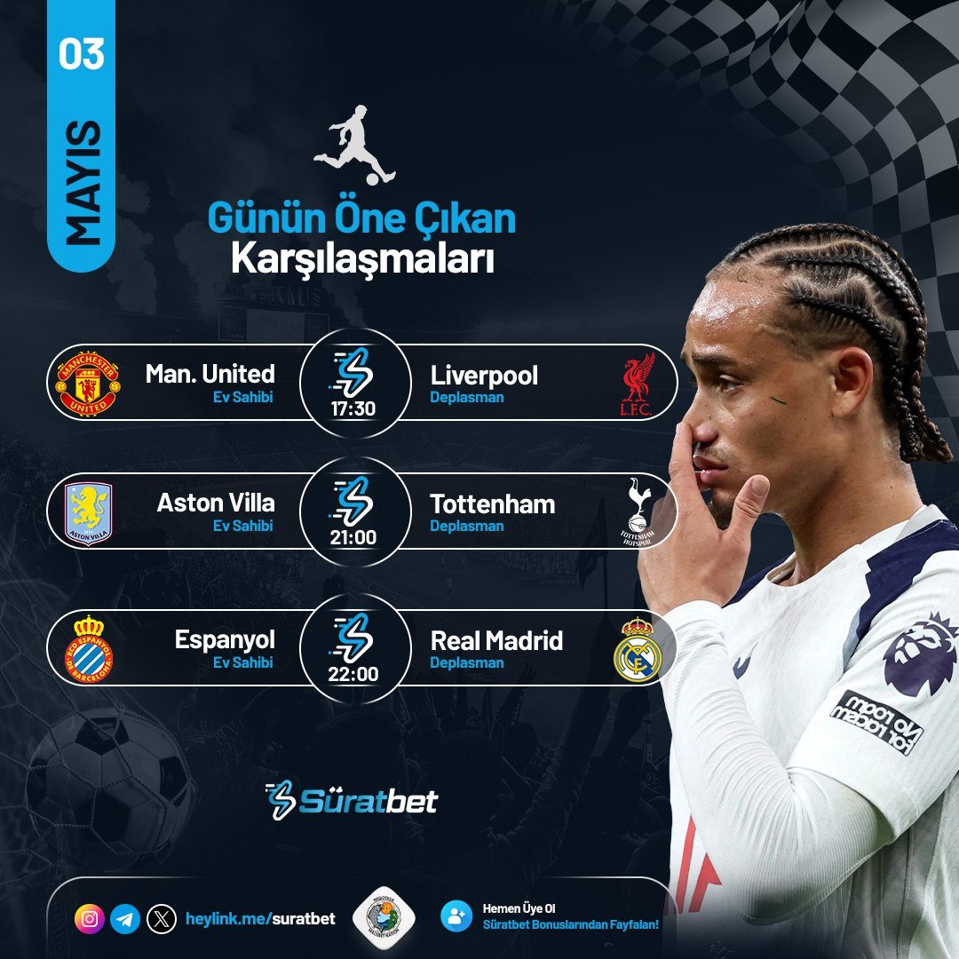 SuratBet_'s tweet photo. 🏟 GÜNÜN MAÇLARI #SÜRATBET'TE

💯 En Yüksek Oranlar Burada! 

⚽️ Manchester United - Liverpool
⚽️ Aston Villa - Tottenham
⚽️ Espanyol - Real Madrid

 Süratbet ailesine katıl! https://t.co/lwk11Q43AR https://t.co/3oxrpOvEpn