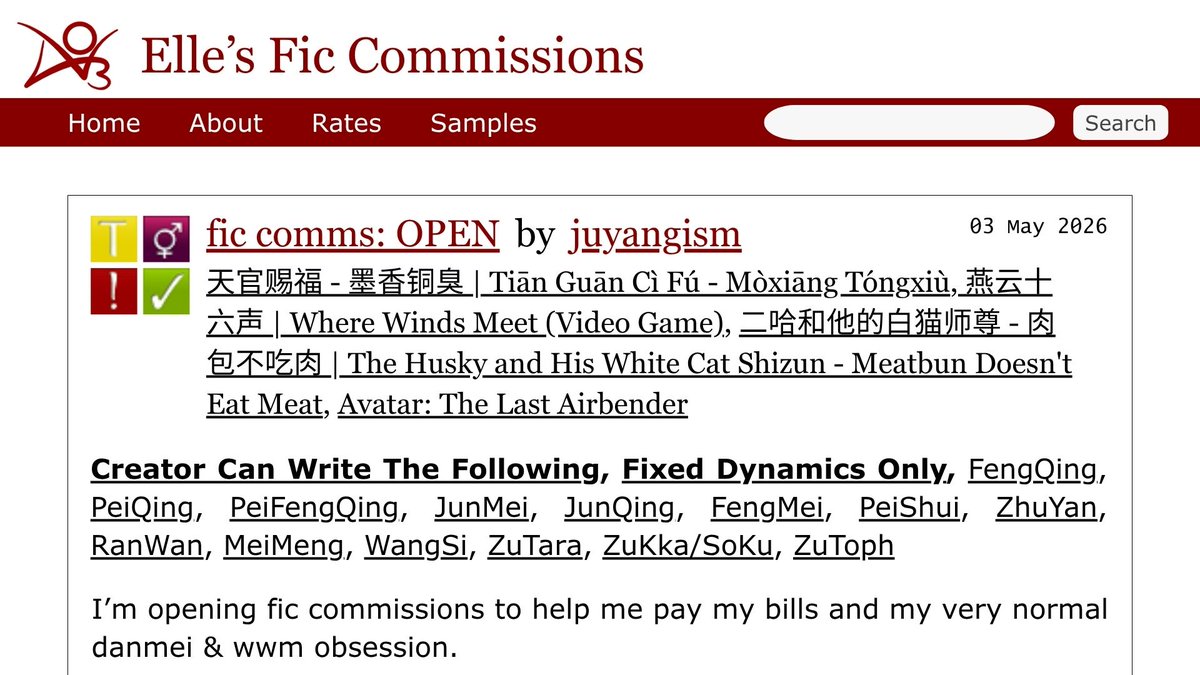 juyangism's tweet photo. hi y'all! i'm opening fic commas to anyone who's interested. i may or may not be doing this because i want that one echo appearance in where winds meet. rts and likes are really appreciated <3

read below for more details or check my k0f1: https://t.co/dYeXnHUUkY 

xoxo, ellie https://t.co/GMCq1NPyNh