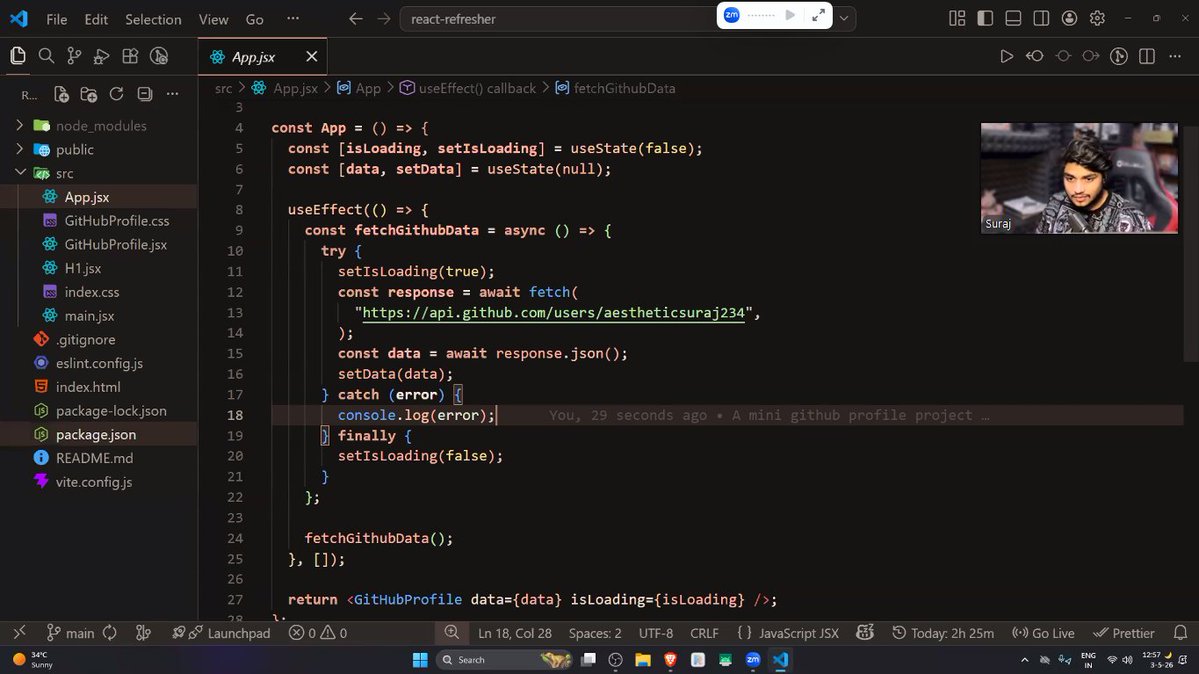 minsuagrahari's tweet image. [Day 2] of Mobile Dev Cohort 🚀

My learning:
• Fundamentals of Virtual DOM
• React Hooks (useState, useEffect)
• Event Handling in React
• Controlled vs Uncontrolled Inputs
• Form Handling

@Hiteshdotcom @nirudhuuu  @surajtwt_  @ChaiCodeHQ 
#ReactJS #MobileDev #JavaScript