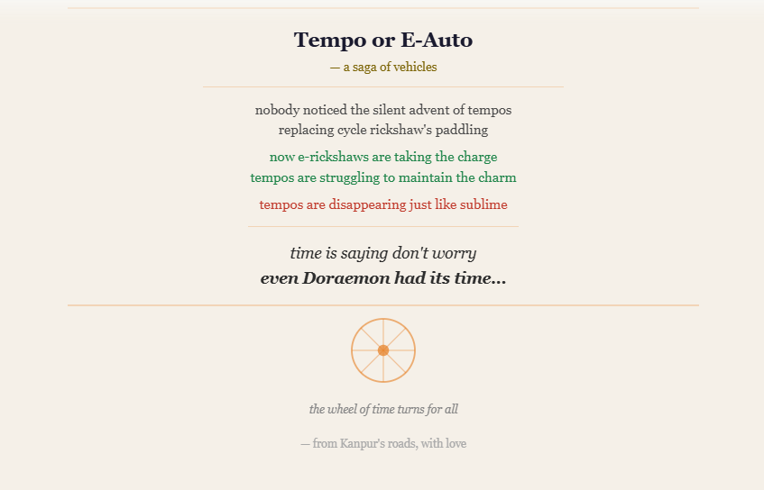 Geetanjali200's tweet image. Ever noticed the silent whispers of tempos to E - Rickshaws ? Let me be their messenger to you ..

Read the full Poem here 👇english.pratilipi.com/story/tempo-or…

#Kanpur #IndianPoetry #Tempo #ERickshaw #KanpurDiaries