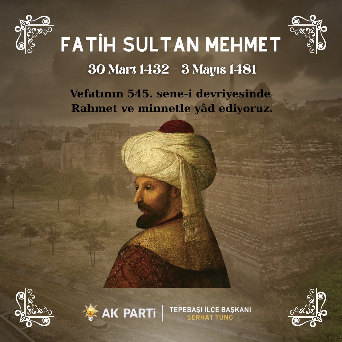 aktepebasii's tweet photo. Vefatının 545. sene-i devriyesinde, Fatih Sultan Mehmet Han’ı rahmet, minnet ve saygıyla anıyoruz.

Ruhu şâd, mekânı cennet olsun. https://t.co/jmEhw65m8q