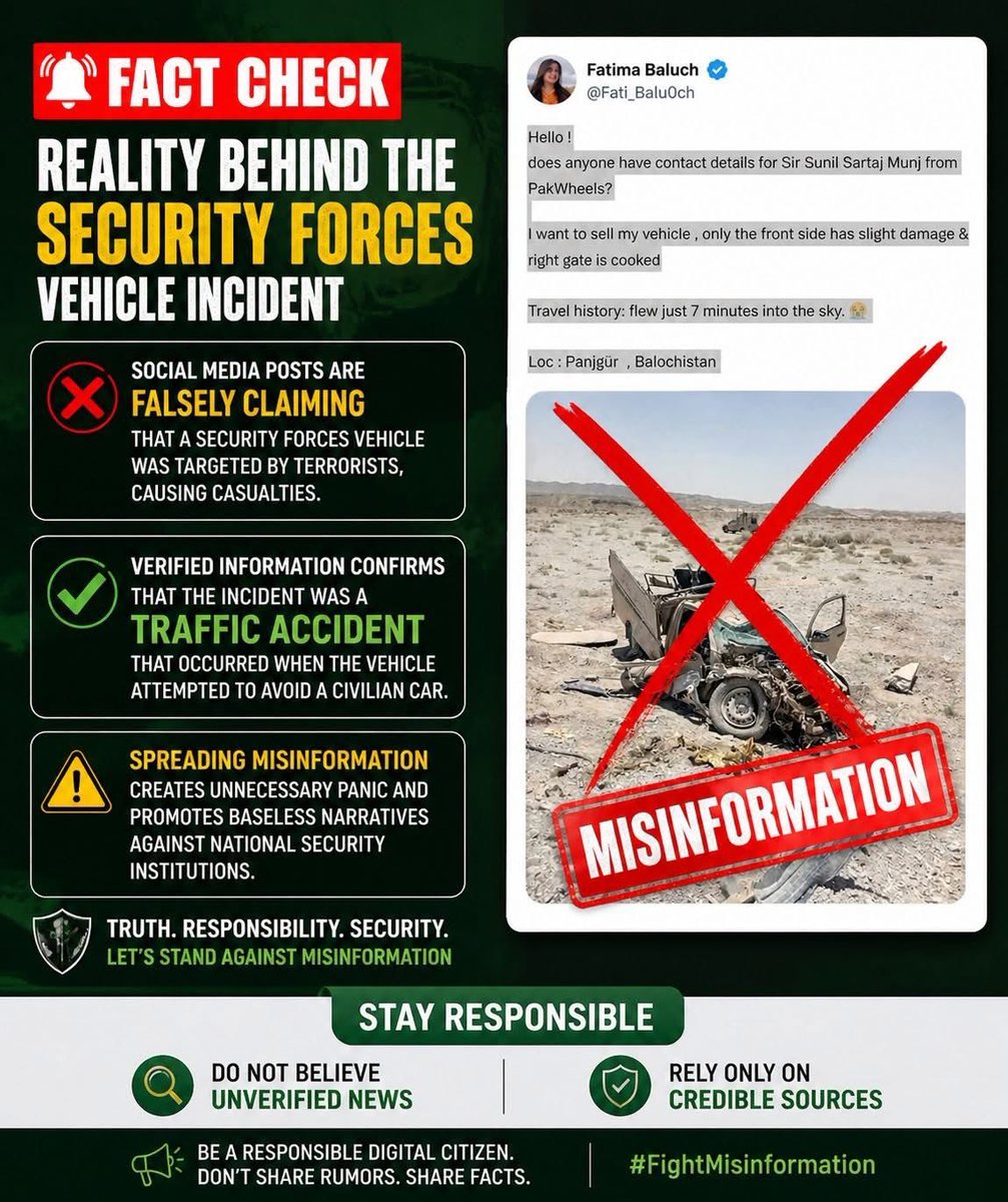 saleemsamina191's tweet image. 🚨 FACT CHECK

Claims of a terrorist attack on a security forces vehicle in Turbat are false ❌  
Verified reports confirm it was a traffic accident, not terrorism.

#Turbat #FactCheck #FakeNews #TruthMatters