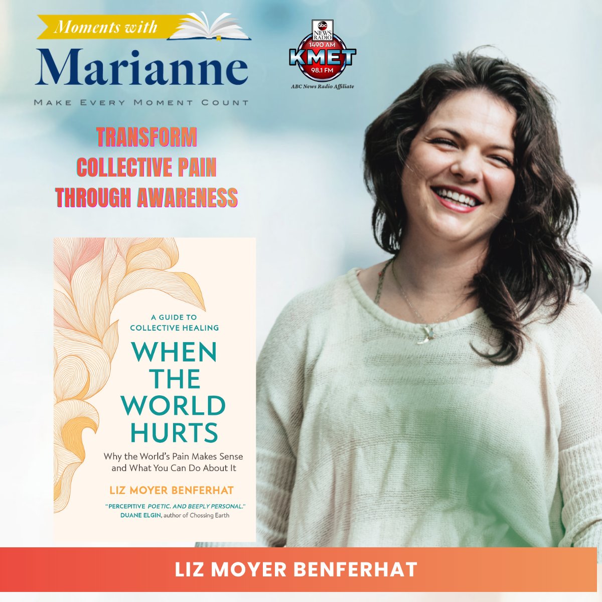 MariannePestana's tweet image. Tune in TODAY at 10:06am PT for Liz Moyer Benferhat on her new #book When the World Hurts on Moments with Marianne Radio Show @KMETRadio kmet1490am.com

#bookclub #change #innerpeace #selfhelp #collectivepain #wisdom #empath #consciousness #consciousliving