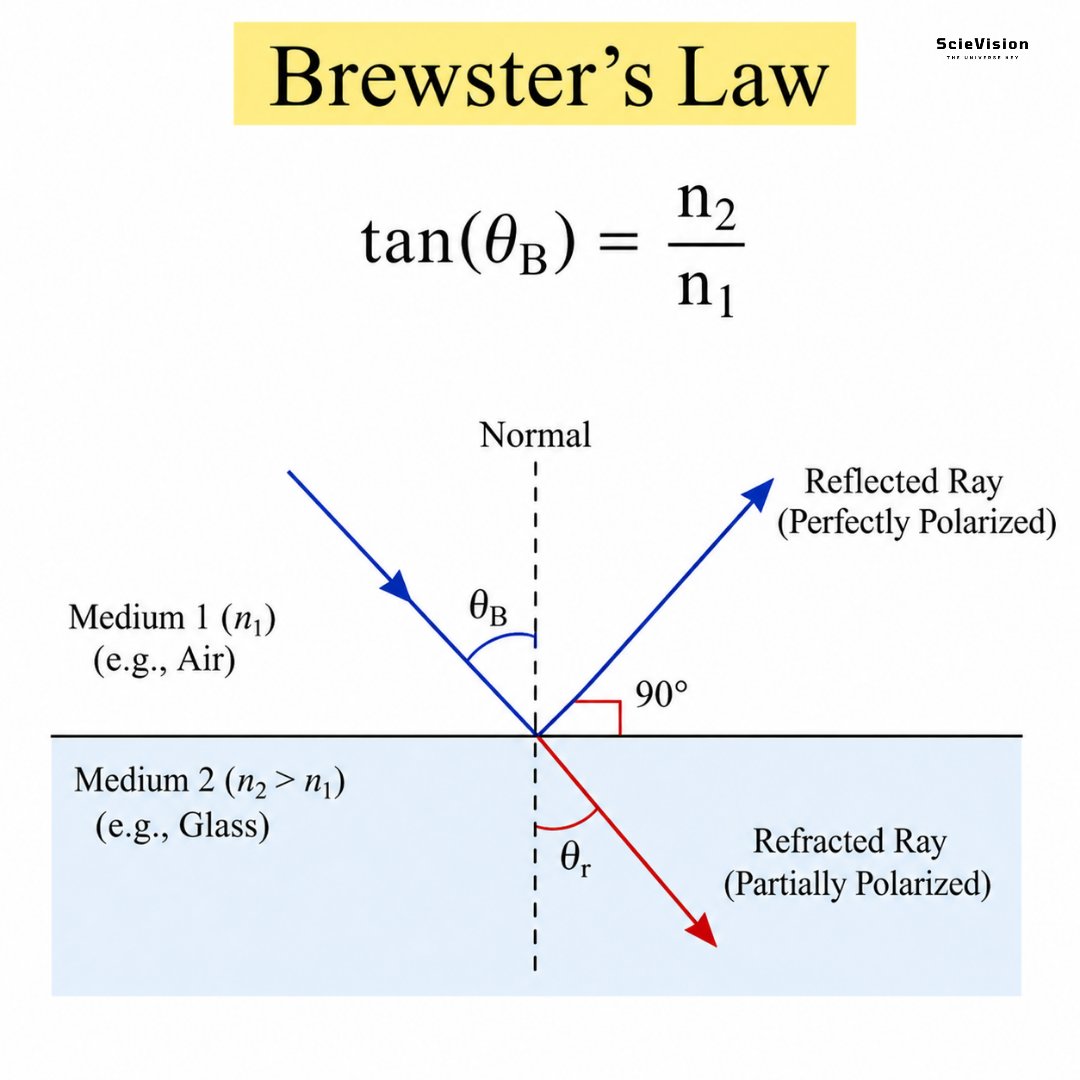 Brewster's Law ✍️ 

It is a straightforward concept in optics. It explains when light reflecting off a clear surface, like glass or water, becomes fully polarized. When regular light strikes the surface at a specific angle known as Brewster's angle, the reflected light becomes