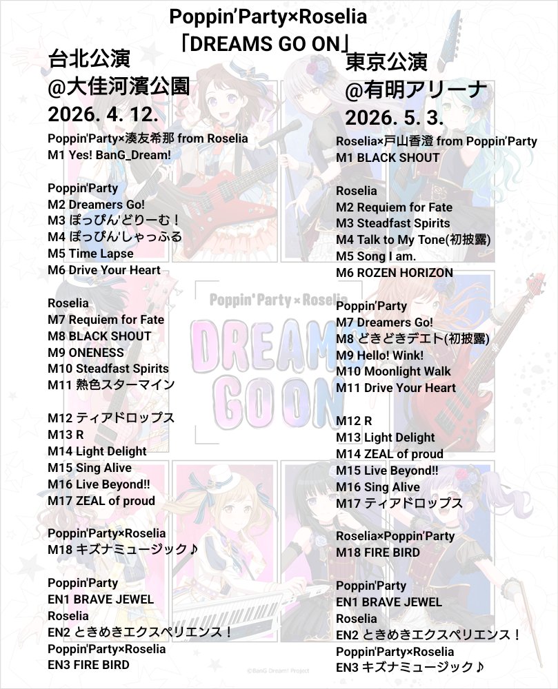 Yakitori_nine's tweet photo. Poppin'Party×Roselia 合同ライブ
「DREAMS GO ON」
台北・東京公演

#ポピパRoselia合同ライブ
セットリスト https://t.co/x8YMKqOwmV