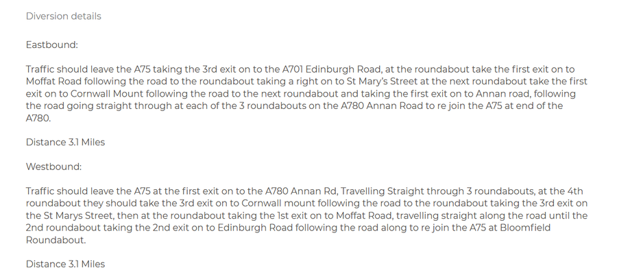 trafficscotland's tweet photo. @SWTrunkRoads ❗️UPDATE ⏲️12:50

🛣️#A75 Dumfries

⛔️The A75 is still CLOSED east and westbound at Dumfries due to a road traffic incident.

👇Drivers are advised to follow the diversion below.

🏷️OC: @SWTrunkRoads 

🔗To check routes: https://t.co/YhNVx5VKCN https://t.co/8WBgElvC1L