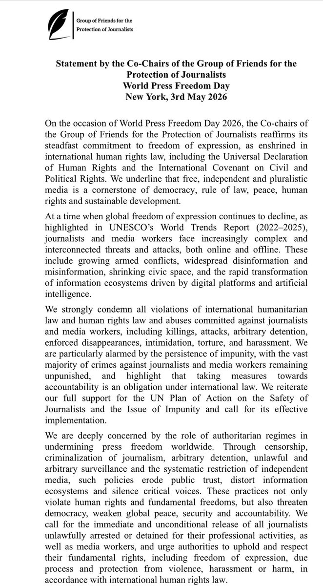 franceonu's tweet image. Les attaques contre les journalistes se multiplient, en violation du droit international.

La 🇫🇷 exige des comptes et refuse l’impunité.

Déclaration des co-présidents du Groupe des amis pour la protection des journalistes 
#JourneeDeLaLiberteDeLaPresse ⤵️