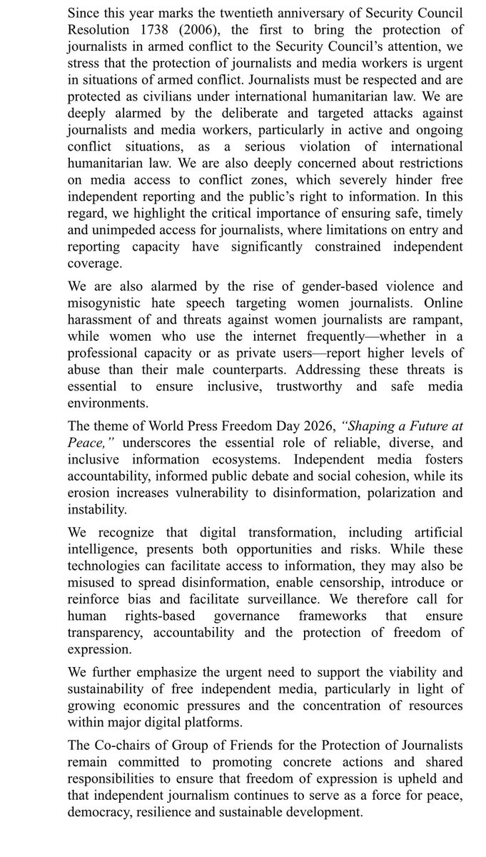 franceonu's tweet image. Les attaques contre les journalistes se multiplient, en violation du droit international.

La 🇫🇷 exige des comptes et refuse l’impunité.

Déclaration des co-présidents du Groupe des amis pour la protection des journalistes 
#JourneeDeLaLiberteDeLaPresse ⤵️