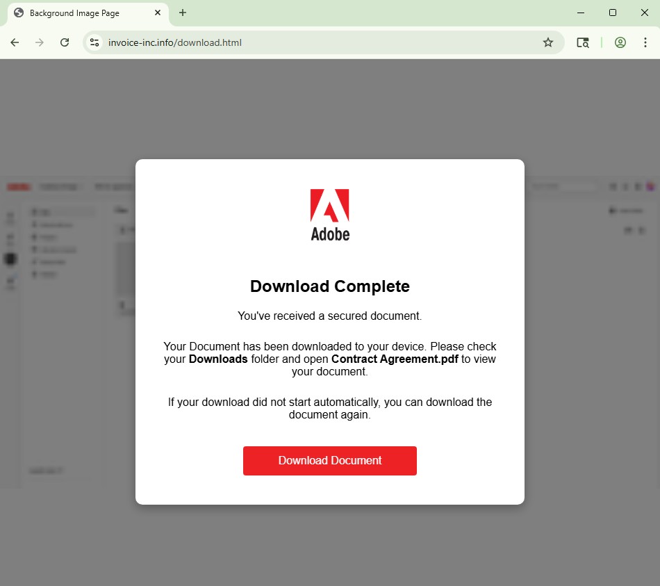Malwarehunterr's tweet image. #fake #Adobe “Download Complete” page.

invoice-inc[.]info/download.html

Clicking Download Document redirects to:

relyvirtual-accessed[.]info/dobe/complete.php

Likely credential harvesting or malware delivery.

#Phishing #malware @500mk500