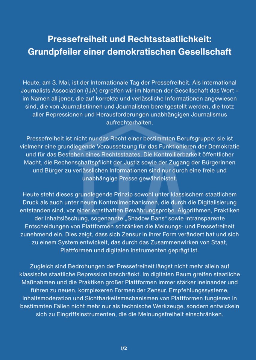 journalists_de's tweet photo. Pressemitteilung der IJA zum #WorldPressFreedomDay:
„Rechtsstaatlichkeit und Pressefreiheit sind die Grundlagen der Demokratie“ https://t.co/dmMMDoKHrb