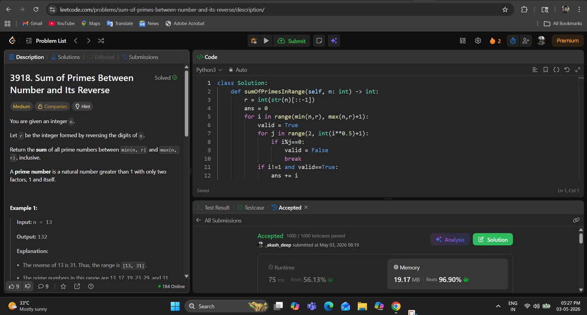 _deep_star's tweet photo. Hello All, I completed #Day852 of #365DaysofCode Challenge with @scaler_official
Question: Sum of Primes Between Number and Its Reverse
discord link: https://t.co/KZjzYqsRFf
#letsconnect #potd #scalerdiscordcommunity #codewithscaler #365daysofcodescaler #365DaysofCode https://t.co/MqbozGNEE8