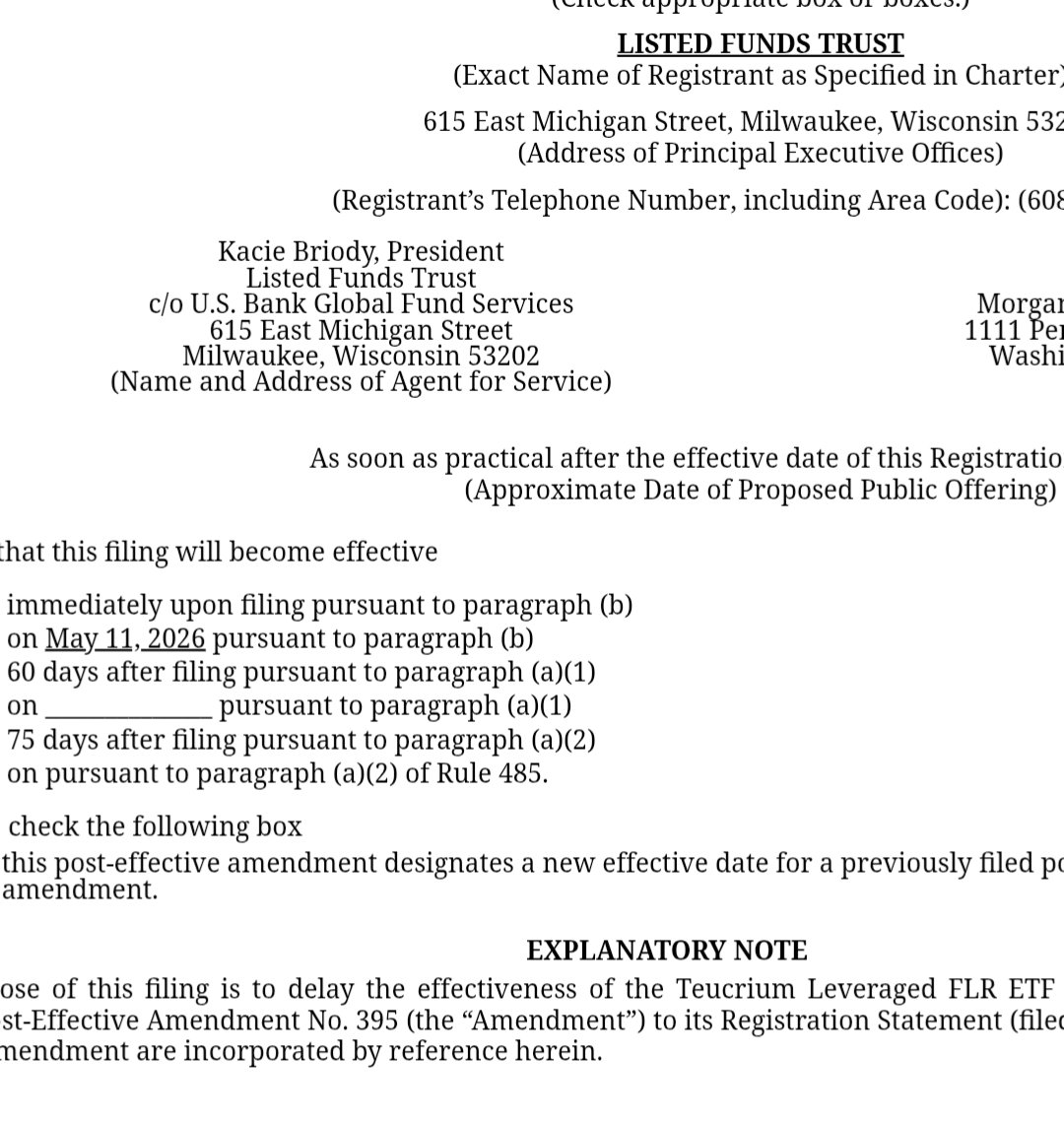 Teucrium’s $FLR ETF has been delayed again, this time until May 11. Officially, it’s just a delay of effectiveness.

But considering the filing has been around since October 2025, the timing is hard to ignore: same window as expected discussions around the CLARITY Act.

Looks