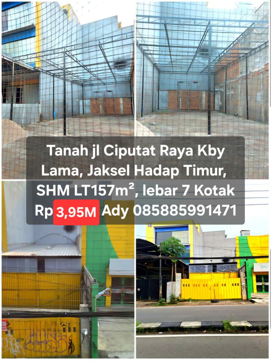 ajumono's tweet photo. *Dijual Tanah jl Ciputat Raya* Kebayoran Lama, Jakarta Selatan.
Hadap Timur, 
SHM 
Luas tanah *157m²*, lebar sekitar 7 meter
Kotak
*Rp 3,95M* nego
Pinggir jalan besar 2 arah, 4 lajur.
10 menit ke Gandaria City, 5 menit ke Pondok Indah, *Area komersil*
Info Ady 085885991471 https://t.co/T5iuMKOSYc