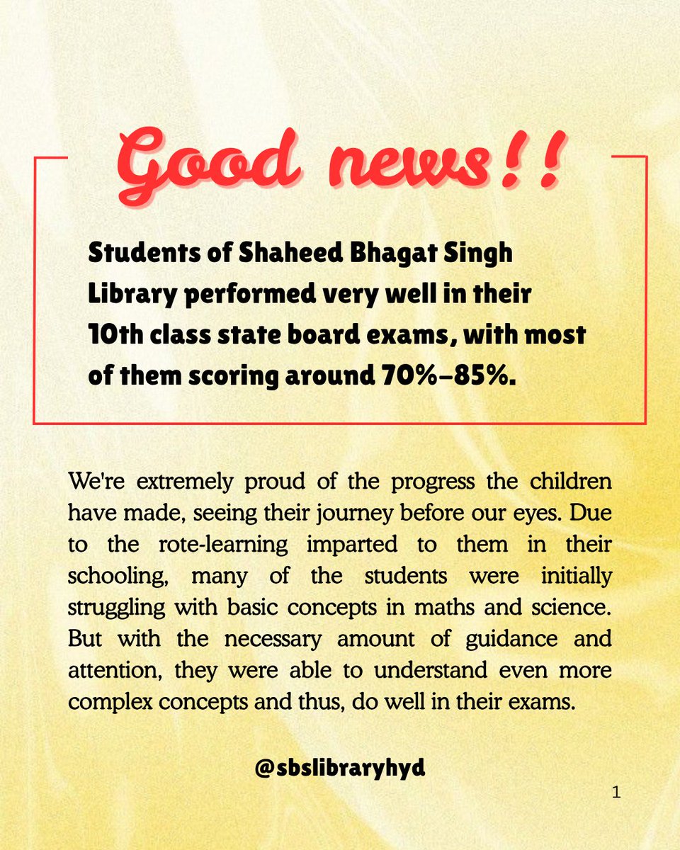 sbslibraryhyd's tweet image. Students of Shaheed Bhagat Singh Library performed very well in their 10th class state board exams, with most of them scoring around 70%-85%.

facebook.com/share/p/1CeVDu…

#education #examination #results #library