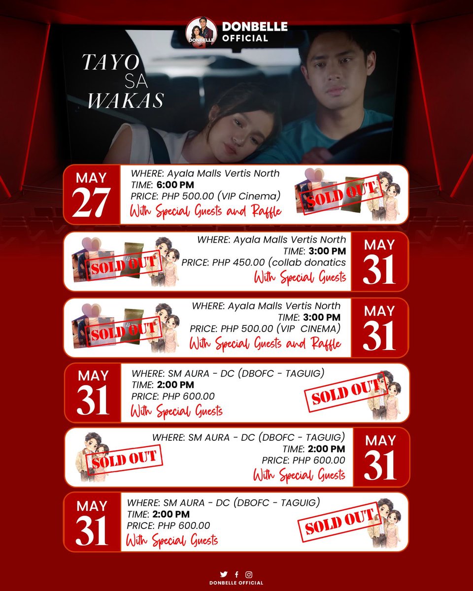 🎬 DONBELLE OFFICIAL BLOCKSCREENINGS UPDATE

With only 24 days left, most of our sponsored and paid screenings are already full and sold out! ✨ Following the release of the Tayo Sa Wakas trailer last night, we’re still expecting to add more cinemas to accommodate everyone who