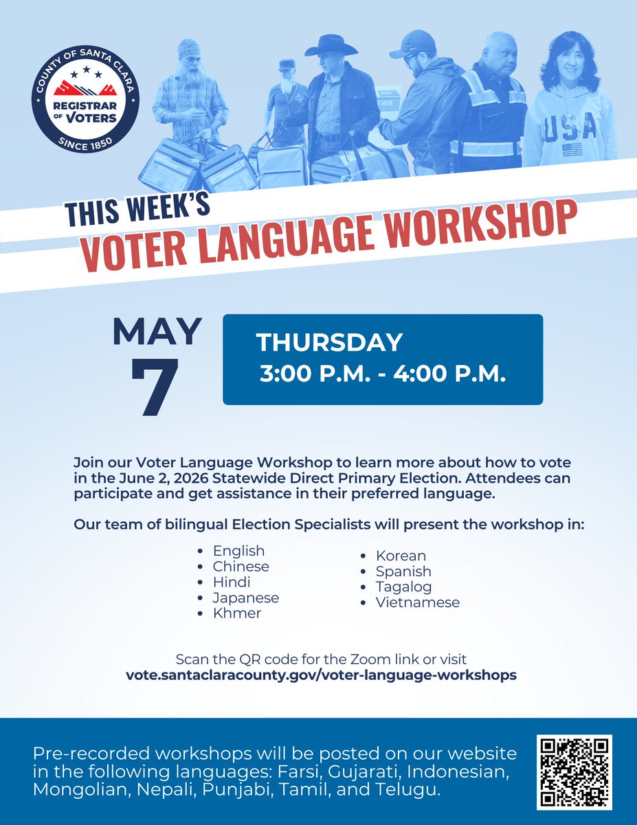 sccvote's tweet image. Join our Voter Language Workshop this week at 3:00 p.m. to learn more about how to vote in the June 2, 2026 Statewide Direct Primary Election. Attendees can participate and get assistance in their preferred language.

#SCCVote #SantaClaraCounty #Vote
