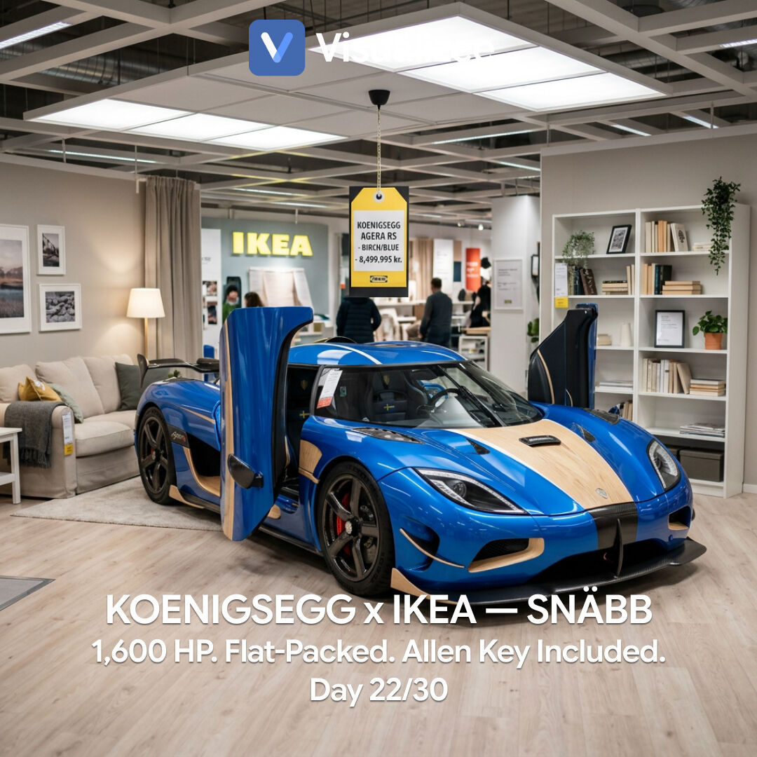 visualizeeAI's tweet photo. Day 22/30 Koenigsegg x IKEA.

1,600 hp. Ships flat-packed. Assembly required. Allen key included.

The Koenigsegg SNÄBB, in collaboration with IKEA.

Estimated build time: 6-8 hours. Two people recommended. Marriage survival not guaranteed.

#30ConceptsIn30Days #VisualizeeDriven https://t.co/NBlDLTXD7Y
