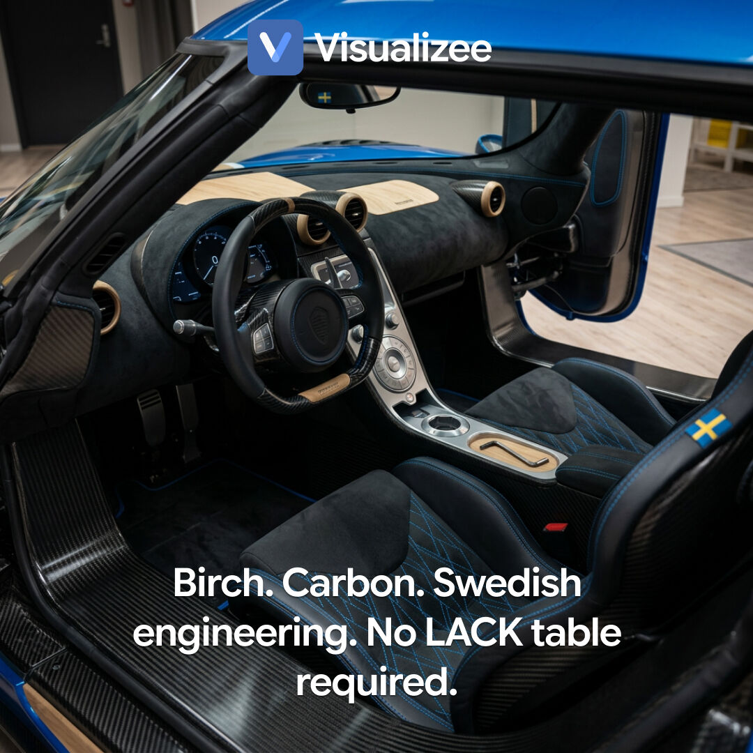 visualizeeAI's tweet photo. Day 22/30 Koenigsegg x IKEA.

1,600 hp. Ships flat-packed. Assembly required. Allen key included.

The Koenigsegg SNÄBB, in collaboration with IKEA.

Estimated build time: 6-8 hours. Two people recommended. Marriage survival not guaranteed.

#30ConceptsIn30Days #VisualizeeDriven https://t.co/NBlDLTXD7Y