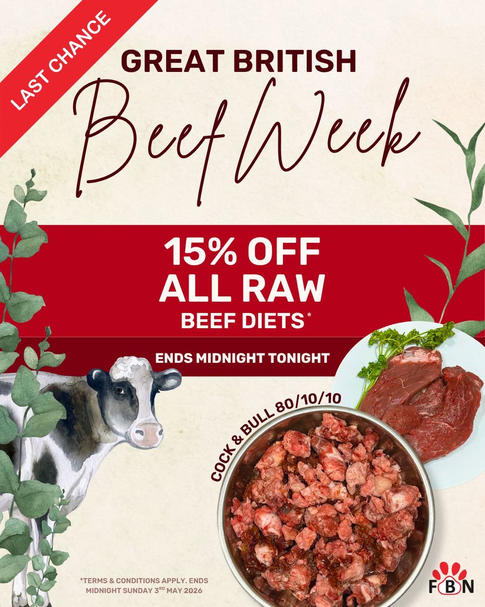 Last chance - ends midnight tonight! ⏰
Enjoy 15% OFF all raw beef diets 🥩 

✔️ Naturally rich in protein
✔️ Supports muscle development
✔️ Full of essential nutrients 

buff.ly/XW2E0ka 

#RawDogFood #NaturalDogFood #GreatBritishBeefWeek