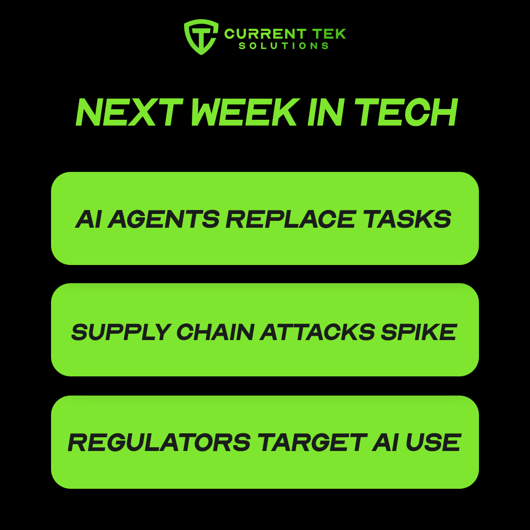 currentTEK's tweet image. AI agents are moving from helper to operator, supply chain attacks are rising, and AI regulation is tightening. Leaders who adjust early will win. #FutureOfTech #AITransformation #CyberRisk #CurrentTEKSolutions