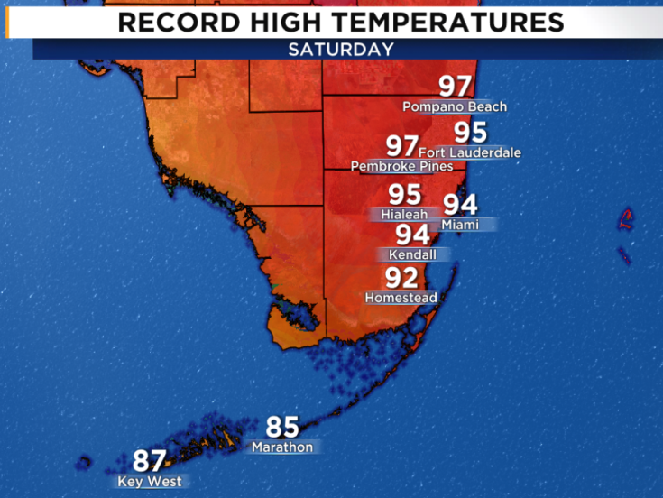 BrandonOrrWPLG's tweet photo. From record high temperatures up to 97° on Saturday to widespread thunderstorms and even flooding on Sunday. #Miami #FLwx https://t.co/2rWmoQXSKX