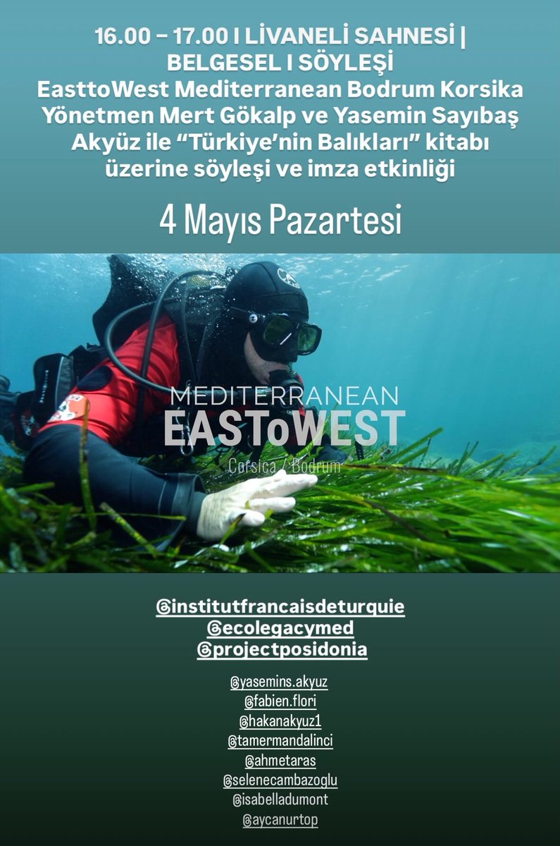 16.00 – 17.00 I LİVANELİ SAHNESİ | BELGESEL I SÖYLEŞİ
EasttoWest Mediterranean Bodrum Korsika
Yönetmen Mert Gökalp ve Yasemin Sayıbaş Akyüz ile “Türkiye’nin Balıkları” kitabı üzerine söyleşi ve imza etkinliği